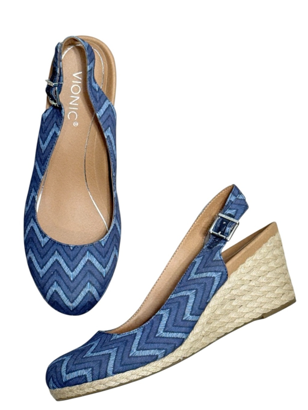 Vionic Coralina Slingback Espadrille Wedge Shoes Navy Blue Chevron Women Size 10